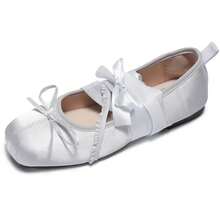 Lace-Up Ballet Flats With Bow, Soft Style, Women's Mary Jane Shoes With Square Toe And Low Heel, Spring Flats - Grey - View 1