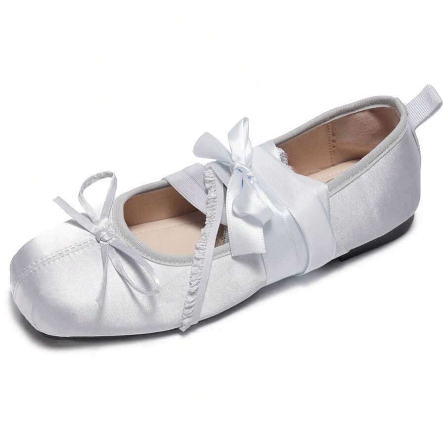 Lace-Up Ballet Flats With Bow, Soft Style, Women's Mary Jane Shoes With Square Toe And Low Heel, Spring Flats - Grey - View 1