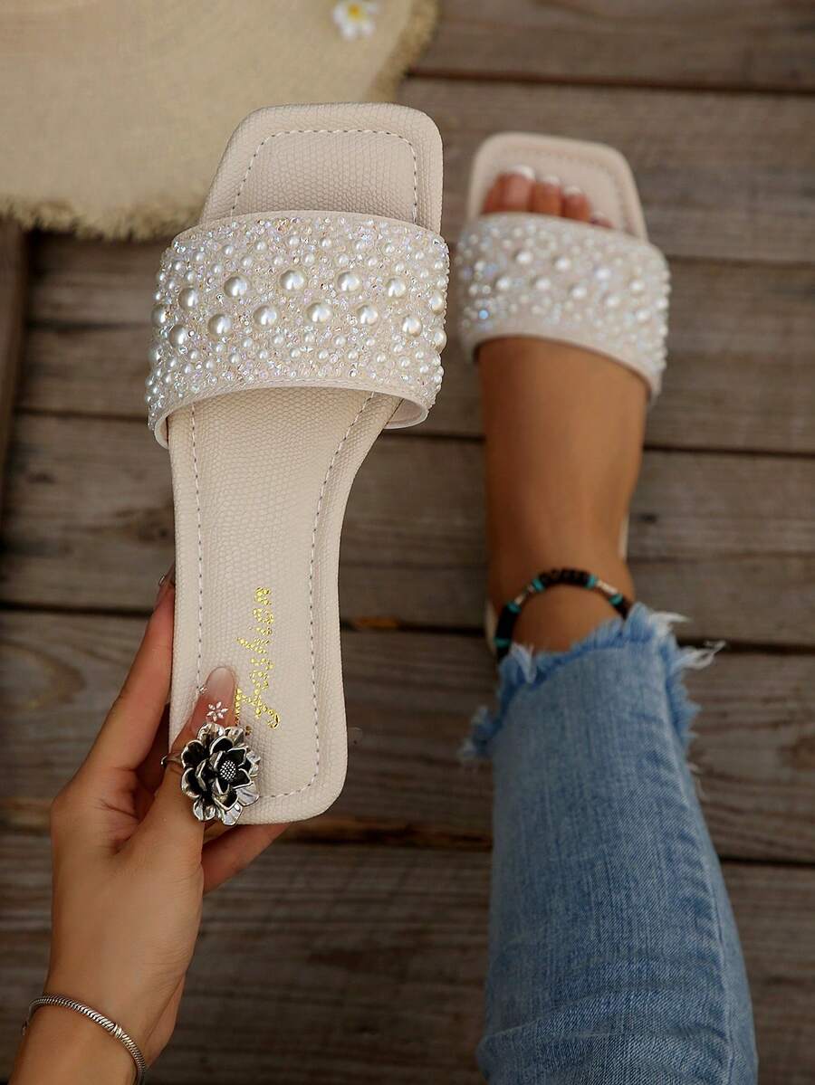 Elegant White Pearl Crystal Summer Outdoor Flat Slide Sandals - Beige - View 1