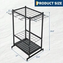 Thaookte Gartengerätehalter Metall, Gartengeräte Aufbewahrung für über 40 Werkzeuge, 43 x 38 x 76 cm Gerätehalter Garage mit 3 Ebenen, Haken und Regalen, Werkzeughalter für Schuppen Keller Garten - Schwarz - Übersicht 2