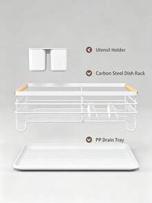 Black & White Carbon Steel Dish Drying Rack With Wooden Handle, Large Capacity Countertop Dish Rack,Kitchen Storage Rack,Countertop Plate Bowl Cup Organizer With Removable Utensil Holder & Drain Tray, Multi-Size Kitchen Dish Storage Rack For Home - View 6