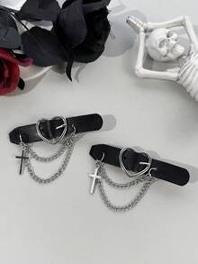 2pcs/Set Y2K Millennium Punk Style Solid Color Heart Buckle Side Clip Double Layer Chain Cross Pendant Design Girl Subculture Bangs Half-Up Hair Streetwear Atmosphere Hair Accessory - Multicolor - View 3