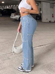 Straight Blue Patchwork Jeans, Non-Stretch Design, Front Button Closure, Creating A Casual Retro Look. - Light Wash - View 5