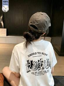 日系女式夏季宽松时尚字母卡通猫印花短袖T恤 休闲白色 - 白色 - 查看 5