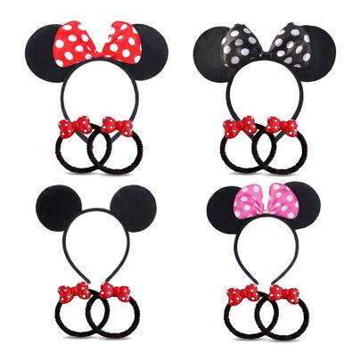 3pcs Disney Classic Cartoon Women's Fashion Polka Dot Bow Ear Headband & Bow Hair Tie Set, Suitable For Outdoor Park Play, Role Play Party, Daily Casual And Theme Events, Holiday Party Dress-Up Gift