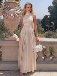 Elegant Women's Satin Spaghetti Strap Pleated Long Formal Dress Party Wedding - Apricot - View 7