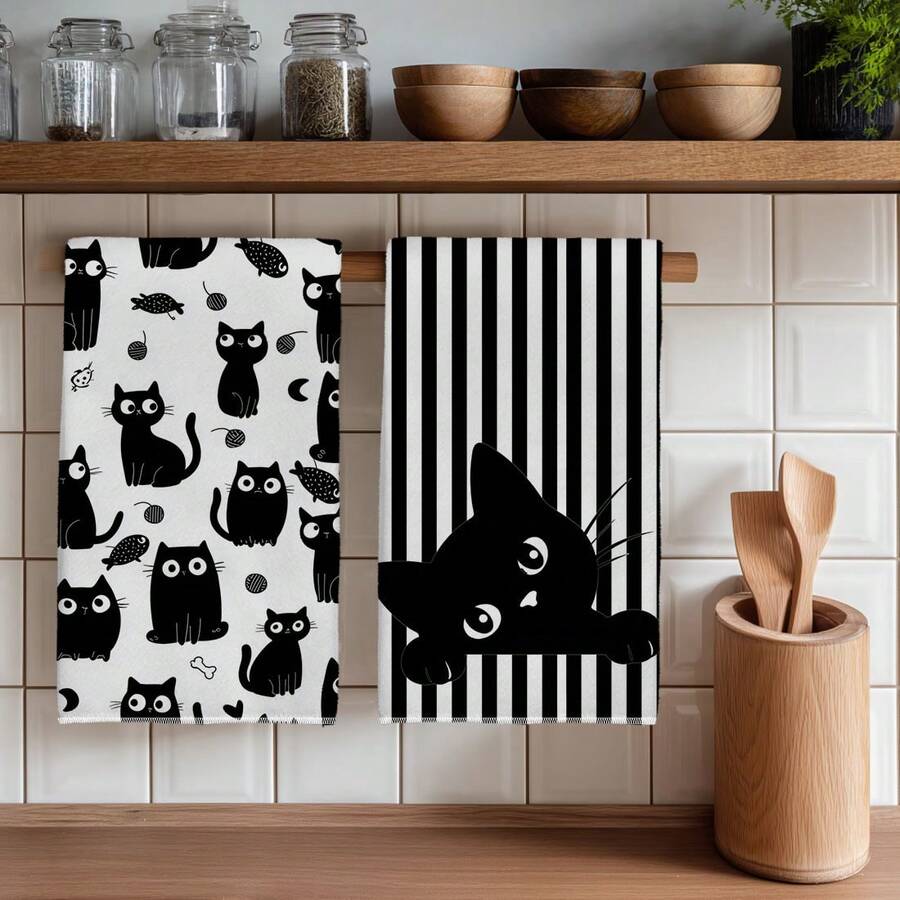 2PCS Cute Black Cat Striped Pattern Printed 40*60cm Rectangular Microfiber Kitchen Towels, Dish Cloths, Tablecloths, Hand Towels, Kitchen Decor, Home Decor, Housewarming Gift For Neighbors, Perfect For Kitchen And Bathroom Use, Suitable For Housewives And Family Gatherings, High Cost-Performance, Household Essential - Khaki - View 1
