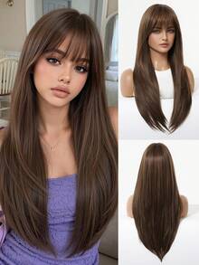 Wig Rambut Lurus Panjang Cokelat Teh Susu 24 Inci dengan Poni, Potongan Berlapis, Cocok untuk Pemakaian Sehari-hari Wanita, Pemakaian Kantor, Wig Harian, Wig Kencan, Gaya Cleanfit - MultiWarna - View 11