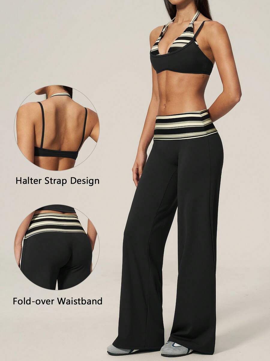 TimeOff Women's One Set Striped Spaghetti Strap Double Strap Bra With Folded Double Waist Wide Leg Pants Sports Set - Black - View 1