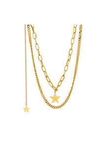 RAYQUEEN 1pc Fashion Minimalist Multi-Layer Vintage Stacked Metal Stainless Steel Five-Point Star Pendant Collarbone Necklace, Suitable For Daily Wear - Gold - View 5
