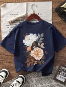 Tween Girl 3-Piece Floral Print Short Sleeve T-Shirt Set, Suitable For Tween GirlsSummer Tops, Young Student Children's Clothing - Multicolor - View 2
