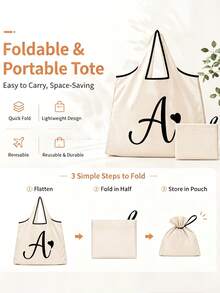 Sac cabas blanc à la mode avec initiale artistique A-Z noire, design avec bordure noire, matériau en taffetas enduit de polyester, sac de courses pliable et portable, sac cabas grande capacité pour femmes avec design facile à plier, convient pour un usage quotidien, les voyages, les vacances, l'école, la rentrée scolaire, le travail et les courses, chariot multifonctionnel, poignée robuste, cadeau pour la fête des enseignants, saison de la rentrée scolaire, fête de l'indépendance, voyage de vacances - Multicolore - Voir 8