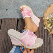 Women's Summer New Slip-On Wedge Platform Sandals, Thick Sole Mesh Floral Fabric, Lightweight Non-Slip High Heel Slouchy Slides - Pink - View 11