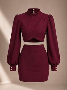 Women's Tailored Set Cropped Long Puff Sleeve And Short Skirt Elegant Party Fashion Autumn Winter - 酒紅色 - 查看 4