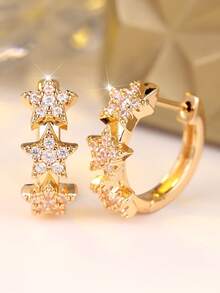 1 Elegant And Delicate Triple Five-Pointed Star Design Women's Earrings-Earrings With A Dreamy, Starlit Vibe, Perfect For Everyday Wear - Yellow Gold - View 3