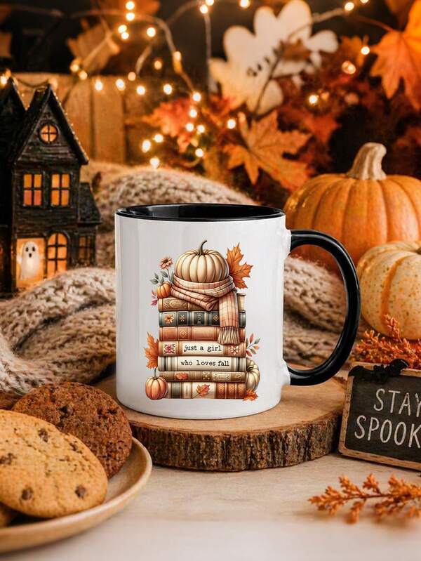 1pc 11oz Hello Fall Mug,Cute Pumpkin Spice Autumn Coffee Mug,Fall Decor,Fall Bookish Coffee Mug,Book Lover Gift,Gift For Best Friend,Reusable Coffee Cups,Halloween Gift,Back To School,Thanksgiving Gifts,Party,Christmas Gift,Birthday And Holiday Gift