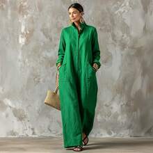 Summer Casual Dress New Arrival Solid Color Lapel Collar Button Front Long Sleeve Loose Dress With Side Pockets - 軍綠色 - 查看 8