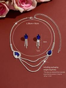 Luxury Elegant Water Drop Earrings & Necklace Set, Evening Gown Light Luxury Accessories, Suitable For Wedding, Bridesmaid, Banquet, Party Jewelry - 1884 Blue-hB - View 5