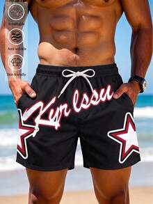 Men's Printed Beach Shorts, Summer Drawstring Elastic Waist Casual Shorts With Pockets, Lightweight And Comfortable Sports - Black and White - View 2