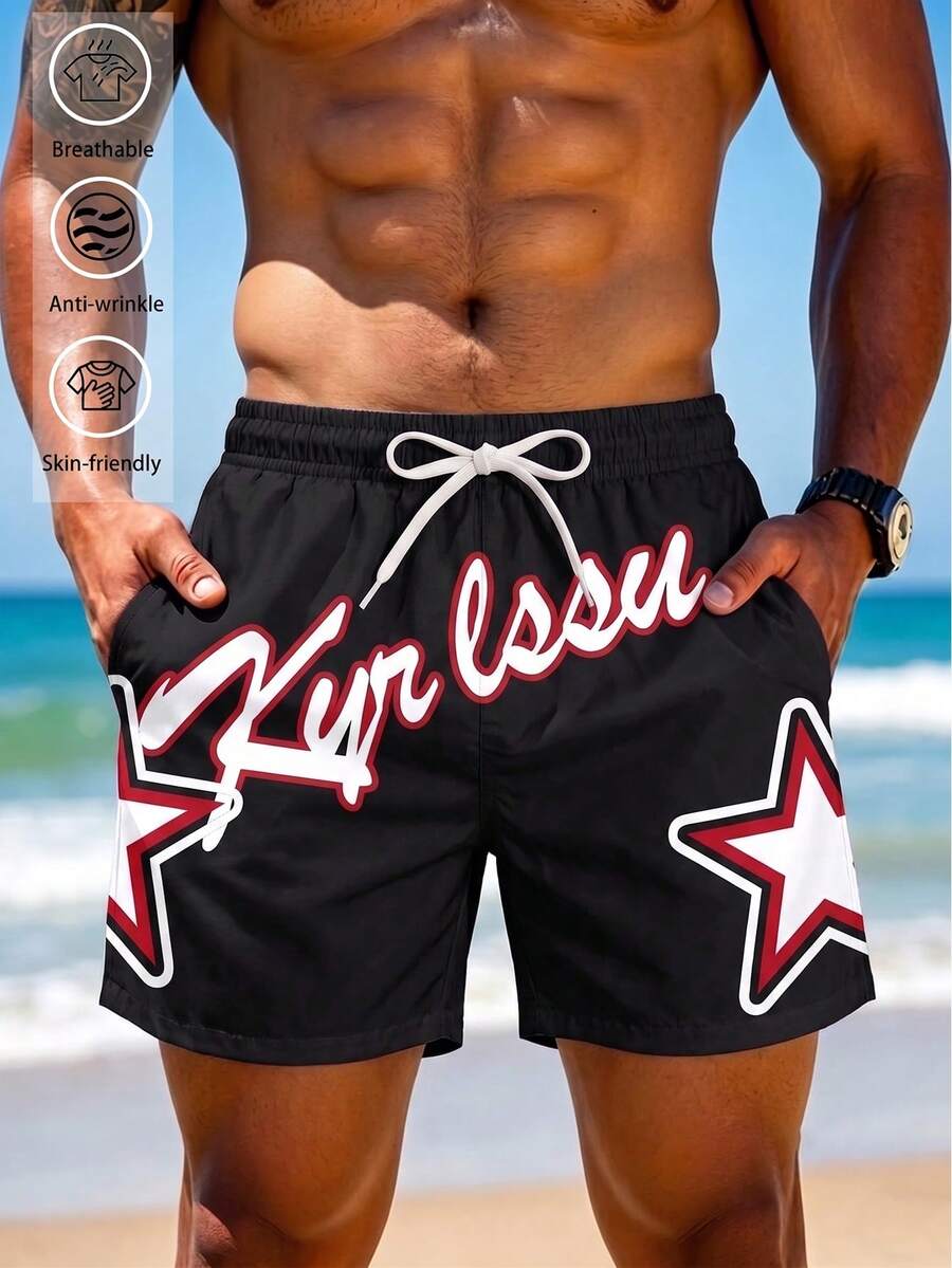 Men's Printed Beach Shorts, Summer Drawstring Elastic Waist Casual Shorts With Pockets, Lightweight And Comfortable Sports