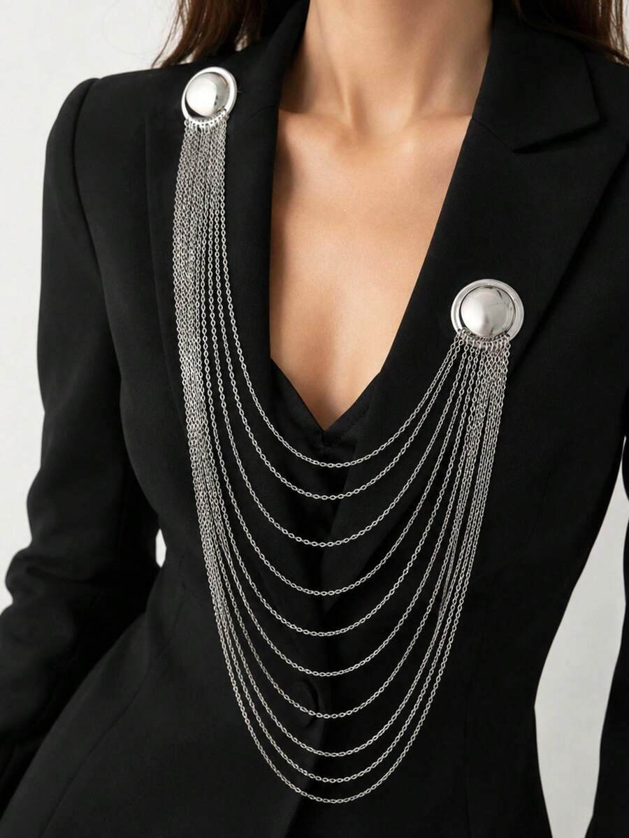 1pc Ins Style Multi-Layer Faux Pearl Chain Tassel Brooch, Premium Double Round Buckle Pin For Performance Dress - Silver - View 1