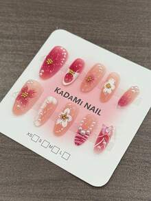 10pcs Ocean Style Press-On Nails, Almond Shaped Fake Nails, 3D Starfish Shell Flower Design, Pearl Gold Decoration, Glossy Full Coverage Artificial Nails, Suitable For Women Girls Summer Vacation Beach Daily Wear - Hot Pink - View 1