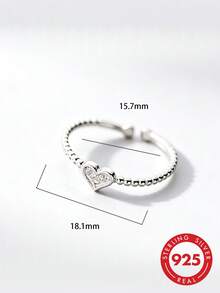 1pc S925 Sterling Silver Heart Open Bead Thin Ring, Adjustable Delicate Band, Feminine Girly Style, Niche Exquisite Daily Commute Versatile Jewelry Gift For Girlfriend, Best Friend, Birthday, Anniversary - Love - View 6