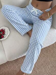 1pc Women's Dual-Color Plaid Print Soft Comfortable Flannel Thermal Lined Pajama Pants, Autumn/Winter - Blue - View 6