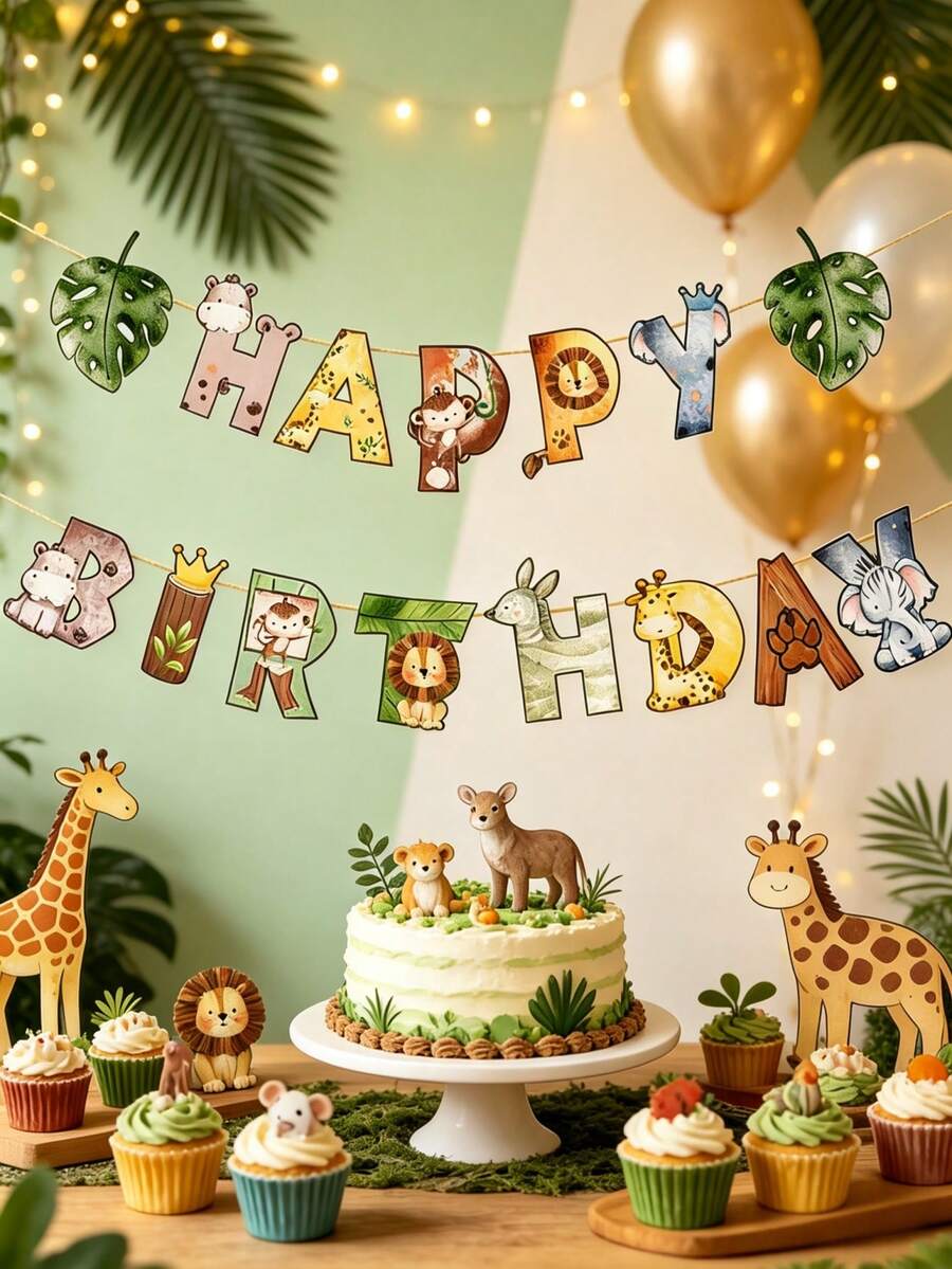 1件裝叢林動物生日快樂橫幅，叢林動物生日派對背景裝飾，Wild One生日派對裝飾，叢林派對背景掛飾橫幅，生日快樂裝飾，居家裝飾，房間裝飾，牆面掛飾，生日派對用品，生日禮物，派對小禮