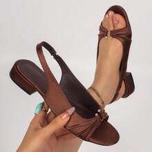 Women's French Roman-Style Open-Toe Slingback Sandals, Satin Ruched Backless Mid-Heel Chunky Heel Strap Sandals For College, Commute And Office, Summer New Style, Comfortable - Brown - View 1