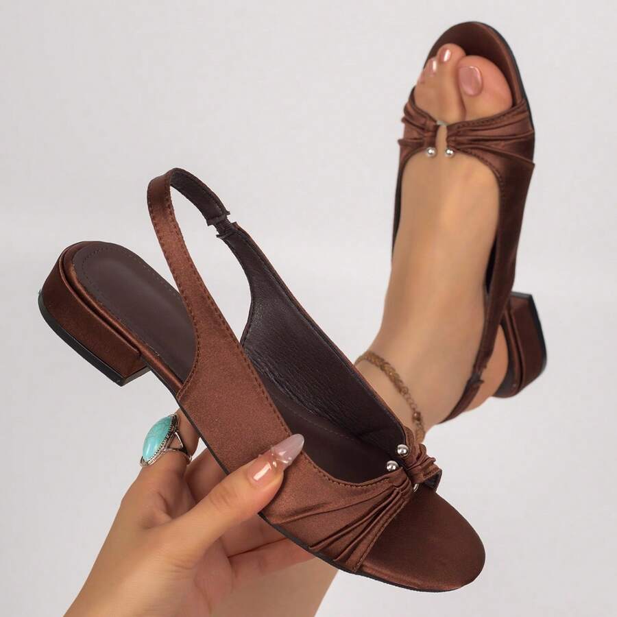 Women's French Roman-Style Open-Toe Slingback Sandals, Satin Ruched Backless Mid-Heel Chunky Heel Strap Sandals For College, Commute And Office, Summer New Style, Comfortable - Brown - View 1