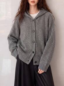 Women's Autumn/Winter Minimalist Versatile Hooded Sweater Jacket Fall - Grey - View 1