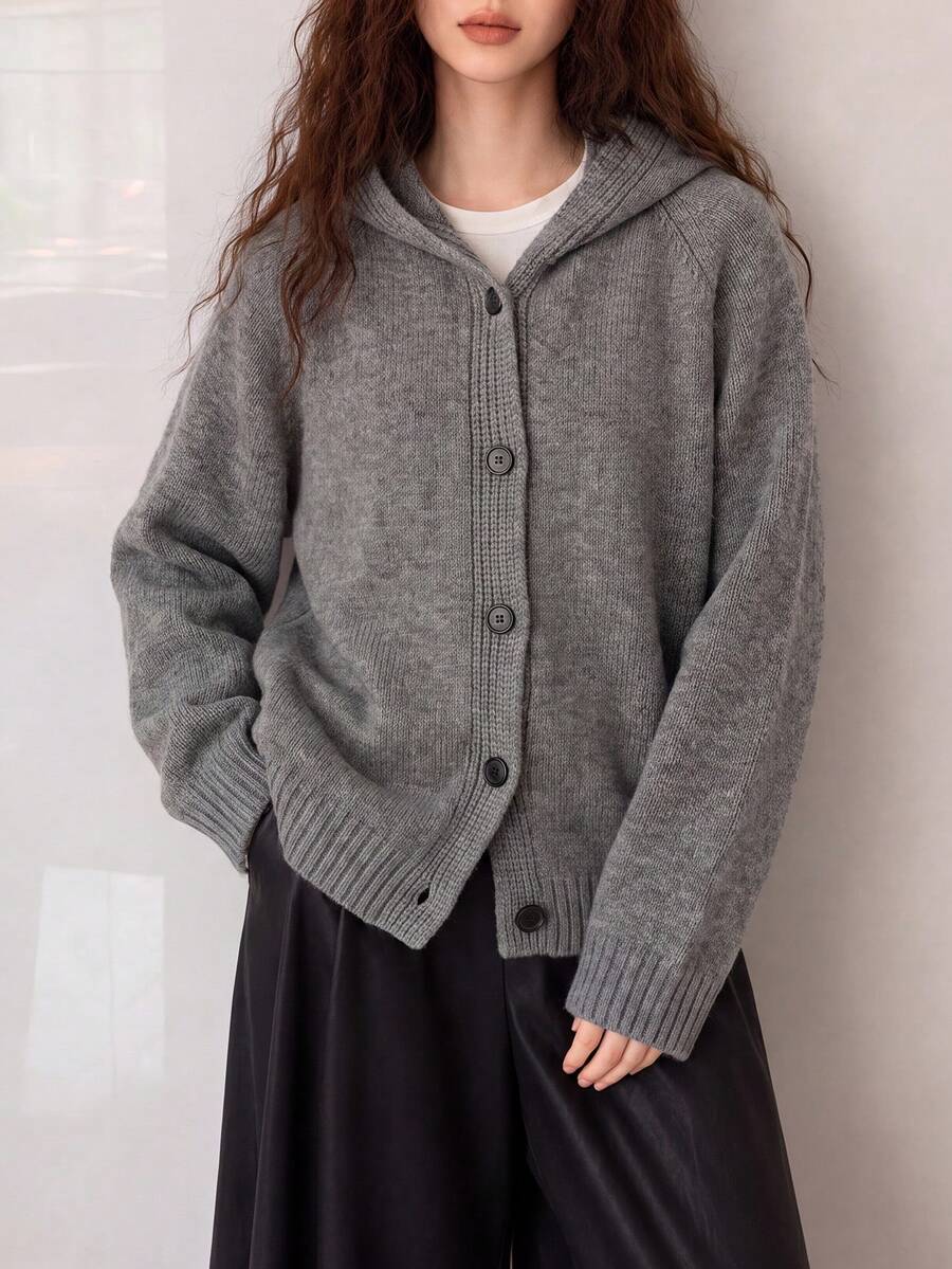 Women's Autumn/Winter Minimalist Versatile Hooded Sweater Jacket Fall - Grey - View 1