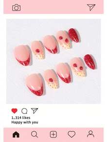 30片短杏仁形紅色波點法式美甲貼片，3D凝膠瓢蟲，波點圖案，壓克力假指甲套組，包含：1片果凍膠和1片指甲銼 - 彩色 - 查看 3