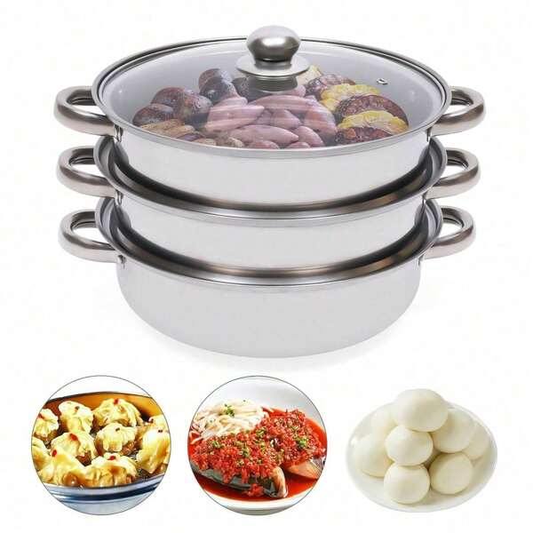 1 Set 3-Tier Stainless Steel Steamer Multi-Cooker Food Steamer Large Size Cooking Pot Cookware Food Steamer Pot With Glass Lid For Use On Gas, Electric, Induction And Stoves (Silver)