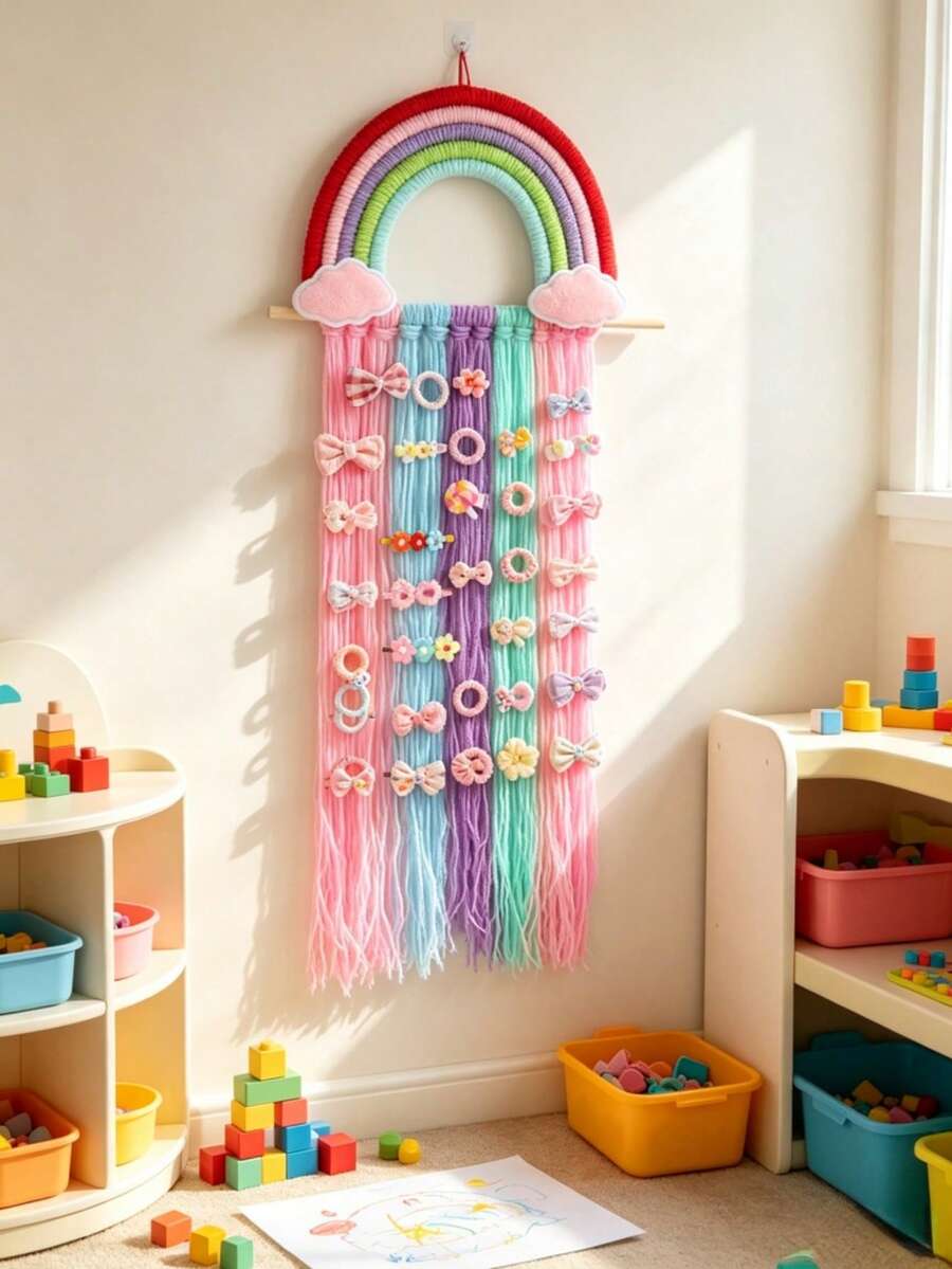 Rainbow Macrame Hair Clip Holder Wall Hanger, Baby Girls Hair Accessories Storage Organizer For Nursery Room Decor - Multicolor - View 1