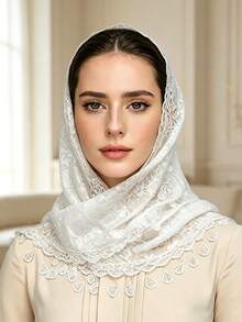 White Floral Lace Hijab With Teardrop Tassels, Soft Breathable Floral Pattern Lace Headscarf, Elegant Muslim Women Modest Head Wrap, Lightweight See-T - Beige - View 2