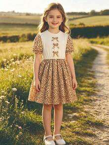 Girls' Casual Everyday Dress With Random Print Pattern, Decorative 3D Bow Design, Umbrella Sleeves, Knee-Length, Suitable For Spring And Summer - Apricot - View 1