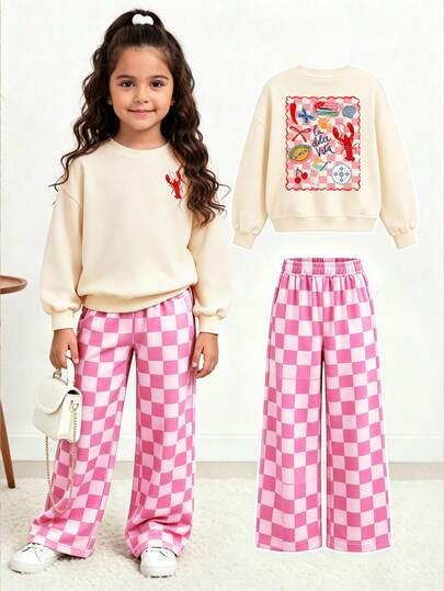 2er/Set Mädchen Cartoon Muster Rundhals Sweatshirt + zufällig geschnittene rosa karierte Hose, Herbst/Winter Mode neues Outfit