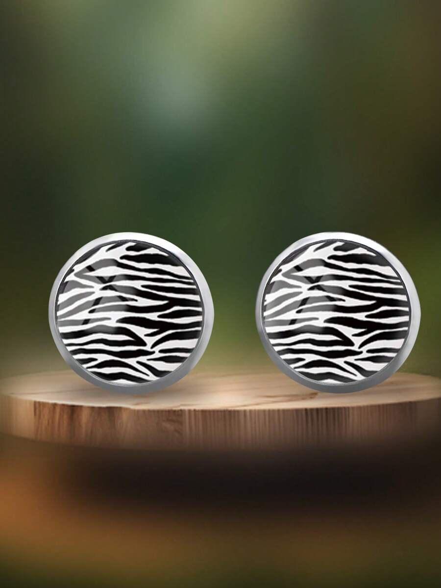 1 Pair Street Wild Hot Style Cool Zebra Print Pattern With 316 Stainless Steel Round Stud Earrings Suitable For Women's Daily Wear - Black - View 1