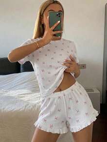 DAZY 两件套女士休闲睡衣套装，可爱蝴蝶结印花上衣，轻盈透气家居服套装，夏季 - 白色 - 查看 6