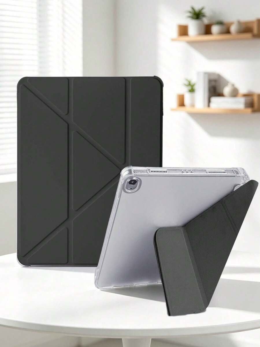 黑色多折筆槽平板保護殼，相容 iPad Mini 4/5/6/7/Air/Air 2/9.7/10.2/10.5/10.9 (Air 4-Air 8)/Pro 11/10th Gen/A16/Pro 11 2024/12.9/Pro 13 2024 機型，內裡因染色批次可能略有色差，內建筆槽，不含筆