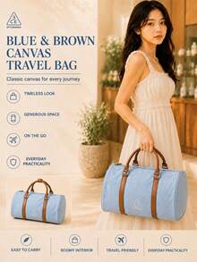 3CE Blue & Brown Canvas Travel Bag, Durable Canvas With Brown Leather Handles, Smooth Zipper Closure, Large Capacity, Lightweight Handheld, Daily Use - Blue-brown - View 3
