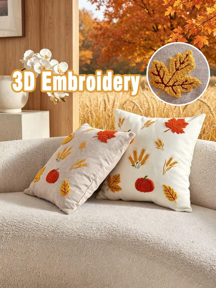 1pc Thanksgiving Maple Leaf Pumpkin Wheat 3D Embroidered Cushion Cover, Full Polyester Faux Linen Fabric, Universal Indoor/Outdoor Throw Pillow Cover, Suitable For Home Sofa Decorative Pillow Cover, Ideal Choice For Bedroom Bed, Chair, Car Matching, No Insert Included