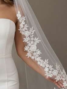 1pc Lace Floral Trim Fingertip Length Bridal Veil, White Soft Tulle With Hair Comb, Wedding Pre-Wedding Party Registration Ceremony Bridal Accessory - Multicolor - View 3