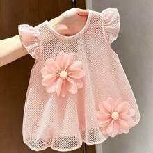 1pc Summer Lightweight Hollow Mesh Small Pet Princess Dress, Sleeveless Ruffle Flutter Sleeves, 3D Large Chiffon Flower Decor, Breathable And Soft, Suitable For Teddy, Maltese, Chihuahua, Kitten Daily Wear, Outings And Parties - Baby Pink - View 2