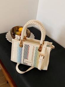 Fashionable Vacation Style Colorful Striped Handbag Women's New Woven Handle Niche Shoulder Crossbody Bag Mini Square Bag - A - View 12