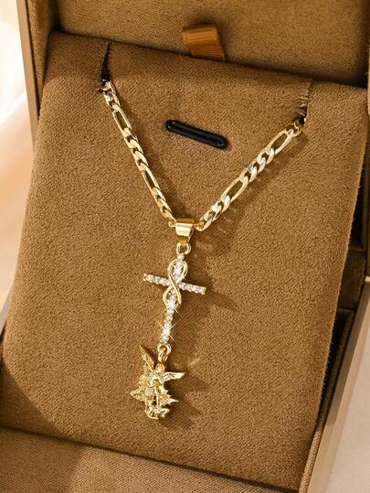 1PC Zirconia Inlaid Necklace, 14K Gold Plated Copper Material, Infinity Symbol Cross 3D Angel Double Pendant Design, Suitable For Christmas/Thanksgiving/Halloween/Mother's Day/Valentine's Day Couples/Friends/Fellow Believers Gift, Catholic First Communion, Gift, Daily Holiday Wear And Prayer