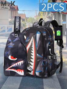 2pcs Shark Backpack + Chest Bag Set, Large Capacity Oversized Backpack, Personalized Full Print School Bag, Suitable For School, Travel, Vacation, Oxford Fabric Material, Back To School College Style Combo Bag - Multicolor - View 1