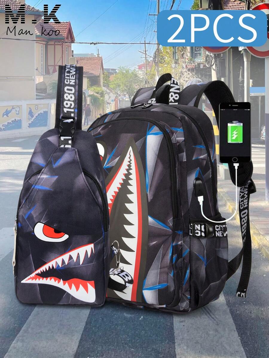 2pcs Shark Backpack + Chest Bag Set, Large Capacity Oversized Backpack, Personalized Full Print School Bag, Suitable For School, Travel, Vacation, Oxford Fabric Material, Back To School College Style Combo Bag - Multicolor - View 1